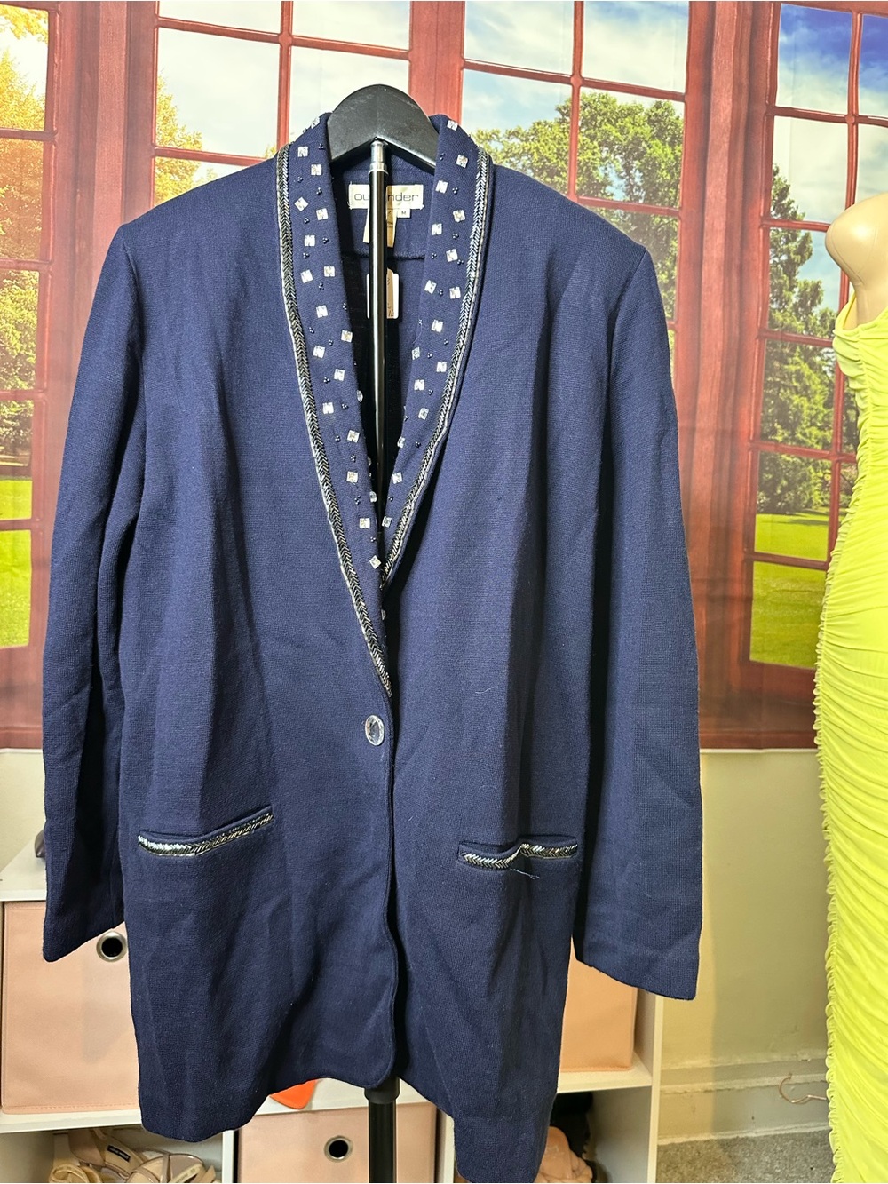 Women's Navy Single-Button Blazer with Embellished Lapel